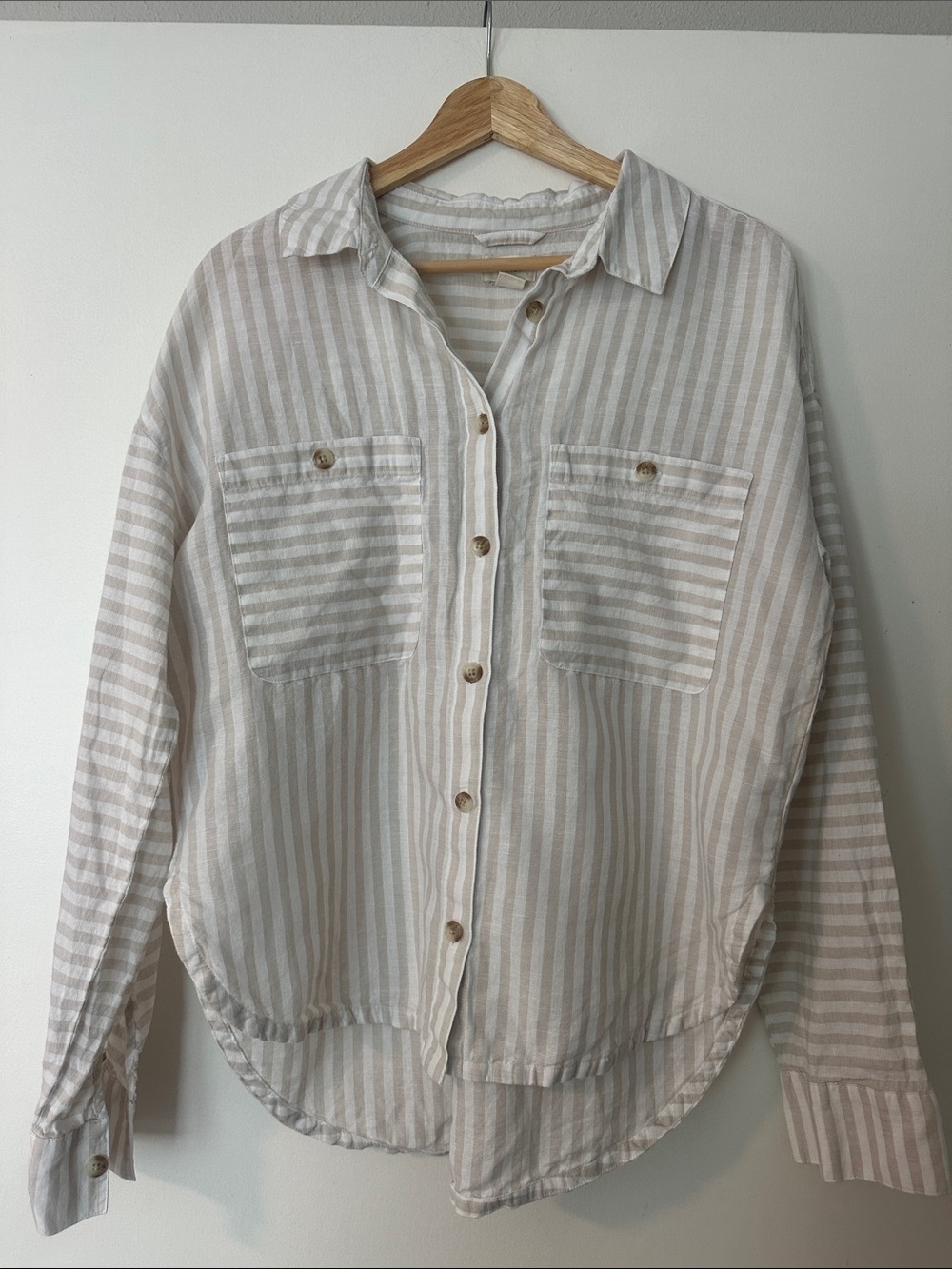UpWest Tan and White Cotton/Linen Striped Button-Up